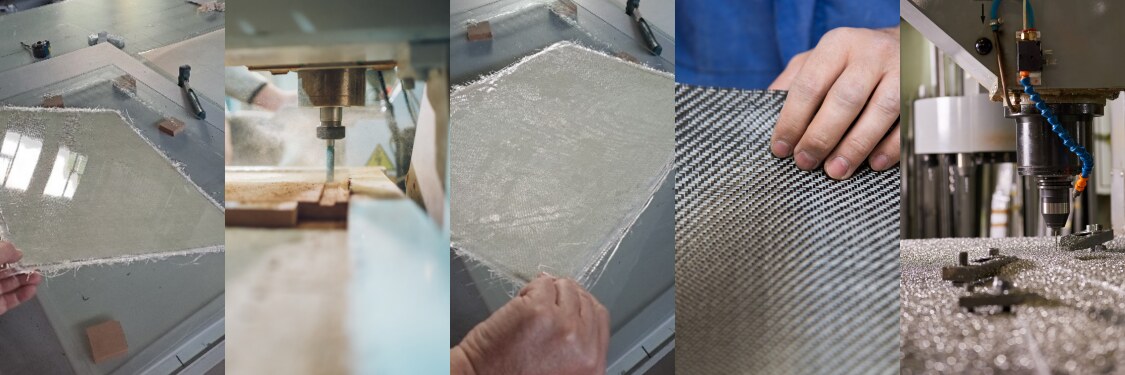 Sail Wayak workshop &mdash; sheet fibreglass, CNC routing, carbon fibre weave and precision machining